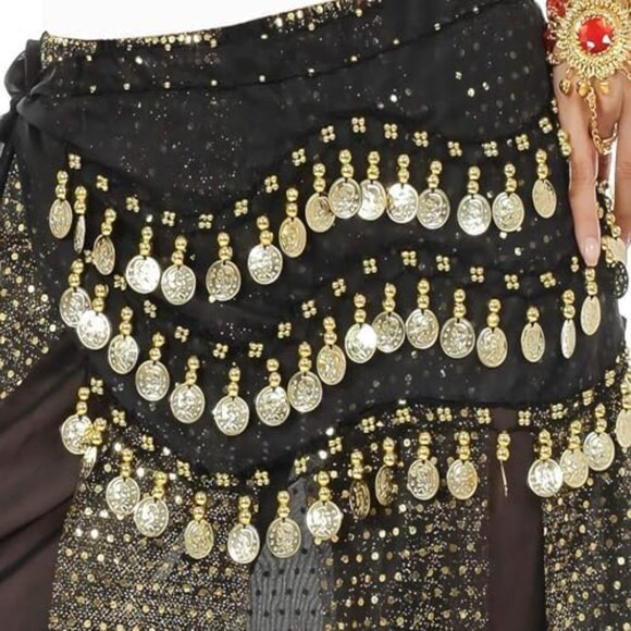 Women's Belly Dance Hip Scarf with 128 Gold Coins Black Skirt for Zumba or Yoga - Picture 7 of 7